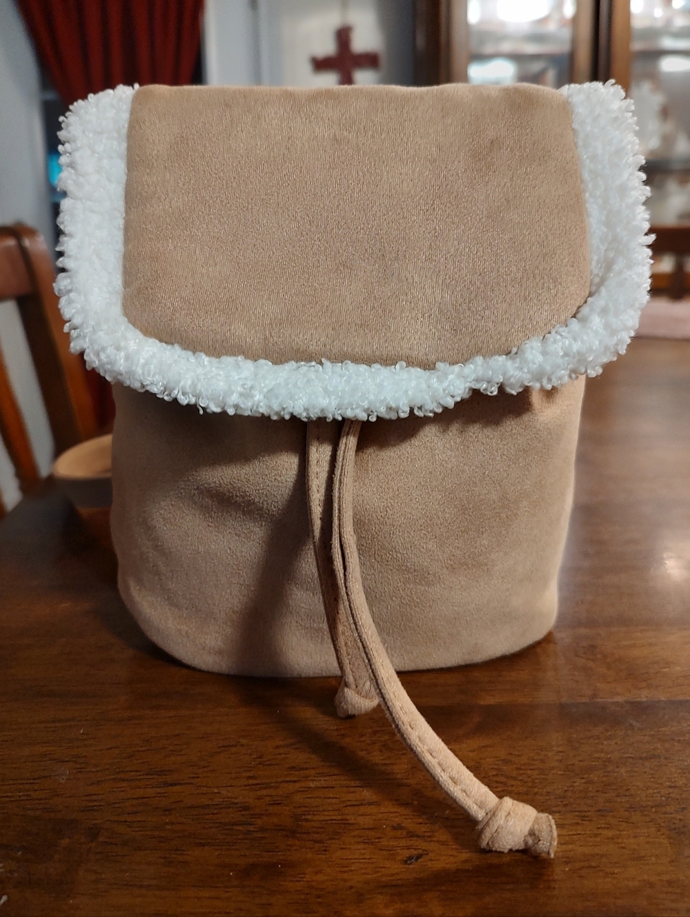 Suede Drawstring Mini Backpack with Shearling Trim - Tan